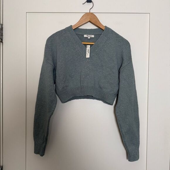 Madewell Tops - NWT Madewell Supercrop Sweater Womens Sz M Blue Knit V Neck Long Sleeve Pullover